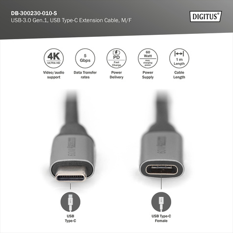 DIGITUS USB extension cable - 24 pin USB-C to 24 pin USB-C - 1 m
