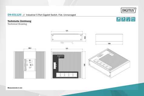 DIGITUS Industrial Gigabit Flat Switch - extended temperature range - switch - 5 ports