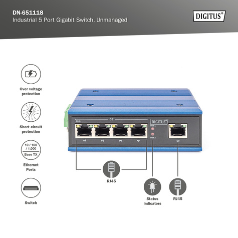 DIGITUS Professional 4-poorts gigabit netwerkswitch, industrieel, onbeheerd, 1 RJ45 uplink