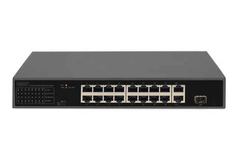 DIGITUS 16-poorts Fast Ethernet PoE-switch, 2 Gigabit uplinks (RJ45 / SFP) - rack-mountable