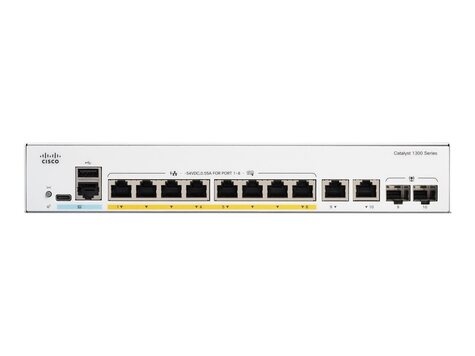 Cisco Cisco Catalyst 1300-8P-E-2G - Switch - L3 - Beheerd - 8 x 10/100/1000 (PoE+) + 2 x combinatie Gigabit SFP/RJ-45 - rack-uitvoering - PoE+ (60 W)