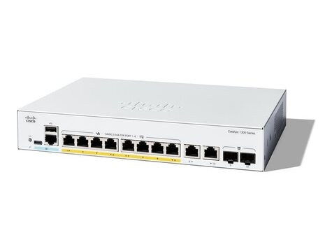Cisco Catalyst 1300-8P-E-2G - Switch - L3 - Beheerd - 8 x 10/100/1000 (PoE+) + 2 x combinatie Gigabit SFP/RJ-45 - rack-uitvoering - PoE+ (60 W)