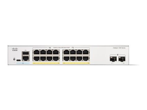 Cisco Catalyst 1300-16P-2G - Switch - L3 - Beheerd - 16 x 10/100/1000 (PoE+) + 2 x Gigabit SFP - rack-uitvoering - PoE+ (120 W)