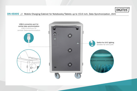 DIGITUS Mobiele laadkast voor 30 notebooks / tablets tot 15,6 inch, gegevenssynchronisatie, UV-C, USB-A