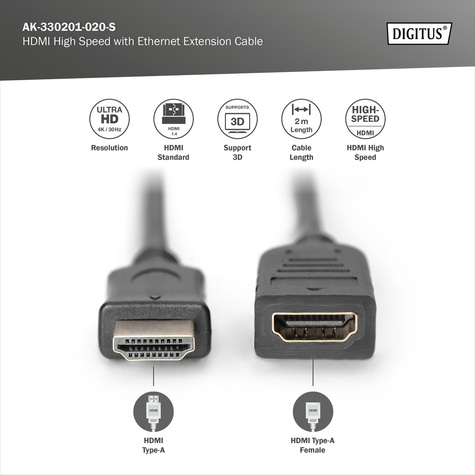 DIGITUS HDMI High Speed extension cable, type A St/Bu, 2.0m, m/Ethernet, Ultra HD 24p, gold, bl