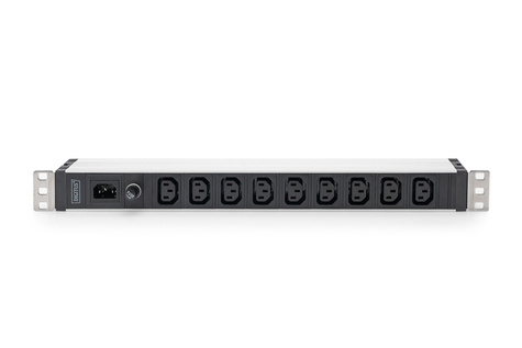 DIGITUS 1U aluminium PDU, rackmountable, 9 x C13 10A, 230VAC, 50/60Hz, IEC C14 inlet, 10 A fuse