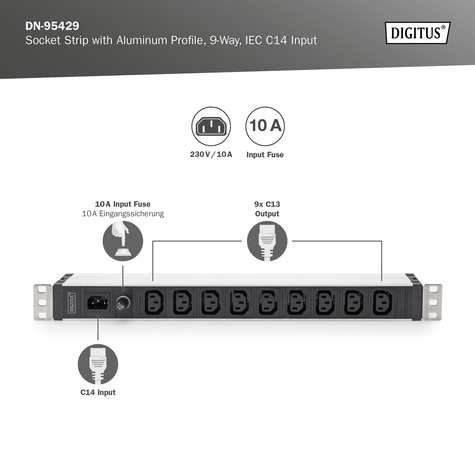 DIGITUS 1U aluminium PDU, rackmountable, 9 x C13 10A, 230VAC, 50/60Hz, IEC C14 inlet, 10 A fuse