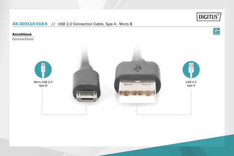 DIGITUS USB 2.0 aansluitkabel, type A - micro B St/St, 1,8 m, compatibel met USB 2.0, zwart