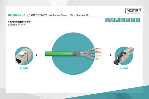 DIGITUS CAT 8.2 S-FTP installeren. Kabel, 2000 MHz, AWG 22/1 Dca, 100 m, ring, simplex, groen