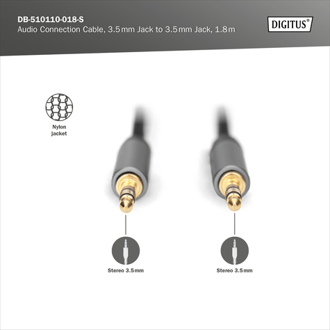 DIGITUS AUX audiokabel stereo 3,5 mm M/M Aluminium behuizing, vergulde stekker, nylon kabel, 1,8m