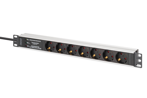 DIGITUS 1U aluminium PDU, rack-mount, 6x veiligheidsuitgang, 1x uitgang 16A,230VAC,50/60Hz,Overspanningsbeveiliging,Netfilter