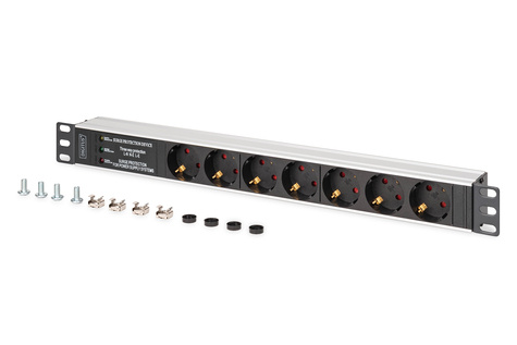 DIGITUS 1U aluminium PDU, rack-mount, 6x veiligheidsuitgang, 1x uitgang 16A,230VAC,50/60Hz,Overspanningsbeveiliging,Netfilter