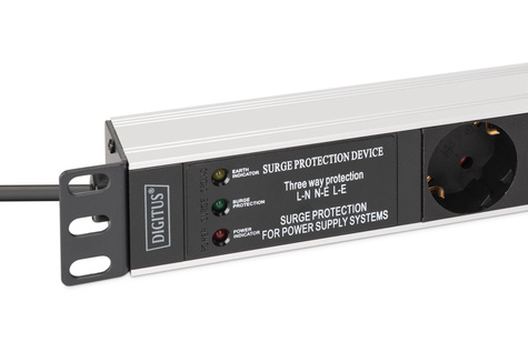 DIGITUS 1U aluminium PDU, rack-mount, 6x veiligheidsuitgang, 1x uitgang 16A,230VAC,50/60Hz,Overspanningsbeveiliging,Netfilter