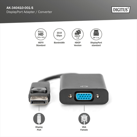 DIGITUS DisplayPort adapter cable, DP - HD15 M/F, 0.15m,w/interlock, DP 1.1a compatible, CE, bl