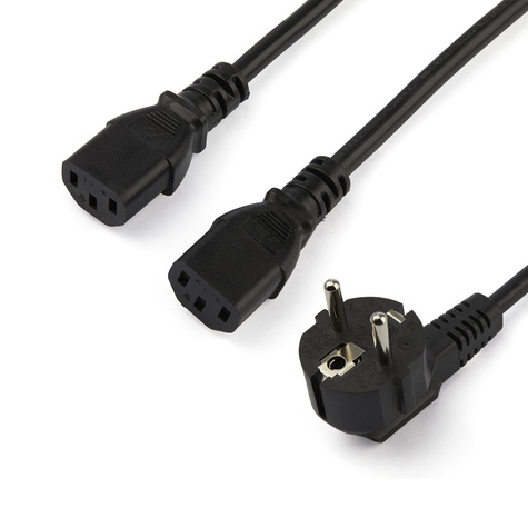 STARTECH 2m Computer Splitter Stroomkabel, 18AWG, EU Schuko naar 2x C13, 10A 250V, Zwart, AC Vervangkabel