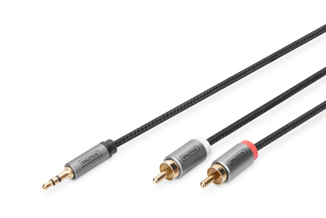 DIGITUS Stereo 3,5 mm naar 2RCA splitter Y, M naar M Aluminiumbehuizing, verguld, NYLON mantel, 1 m