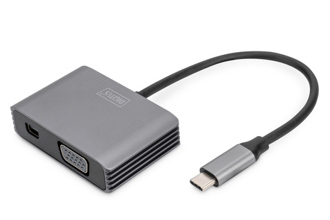 DIGITUS USB-C - mini DP + VGA adapter, 20 cm 4K/30Hz, zilver, aluminiumbehuizing