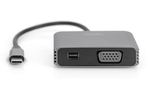 DIGITUS USB-C - mini DP + VGA adapter, 20 cm 4K/30Hz, zilver, aluminiumbehuizing