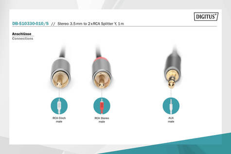 DIGITUS Stereo 3,5 mm naar 2RCA splitter Y, M naar M Aluminiumbehuizing, verguld, NYLON mantel, 1 m