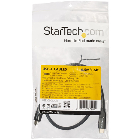STARTECH 50 cm USB-C naar USB-C kabel met 5A/100W Power Delivery - M/M - wit - 0,5 m