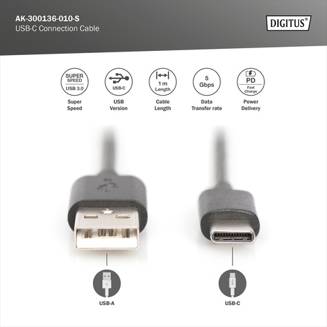 DIGITUS USB Type-C aansluitkabel, Type-C - A St/St, 1,0m, 3A, 5GB, 3.0 versie, bw