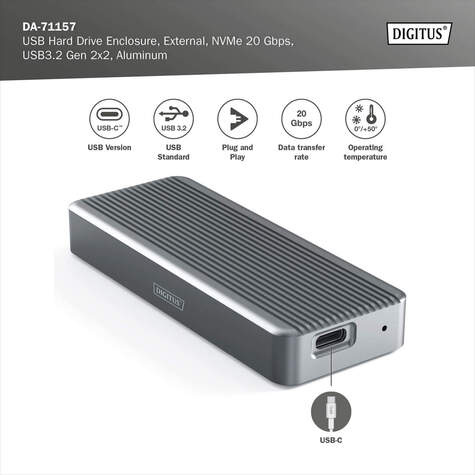 DIGITUS USB-behuizing voor harde schijf, extern, NVMe 20Gbps, USB3.2 Gen 2x2, aluminium, gereedschap