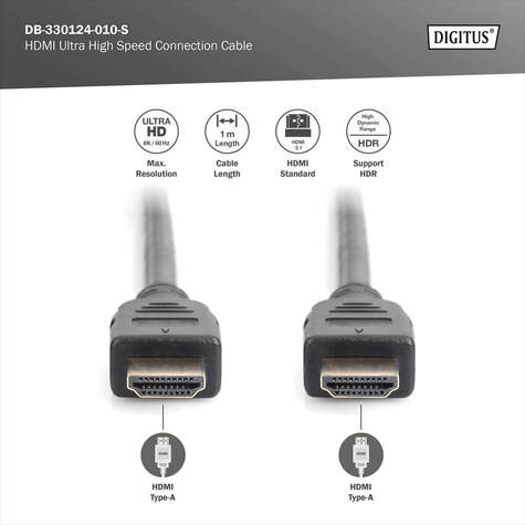 DIGITUS HDMI Ultra High Speed connection cable, type A M/M, 1.0m, w/Ethernet, UHD 8K 60p, gold