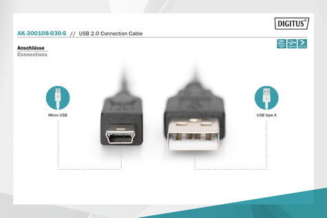 DIGITUS USB 2.0-aansluitkabel, type A - mini B (5-pins) St/St, 3,0 m, conform USB 2.0, zwart