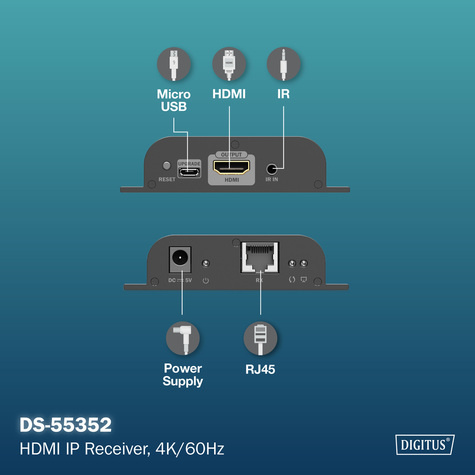 DIGITUS HDMI ontvanger voor DS-55351, 4K/60Hz 120/200 m, één-op-veel, CAT, zwart