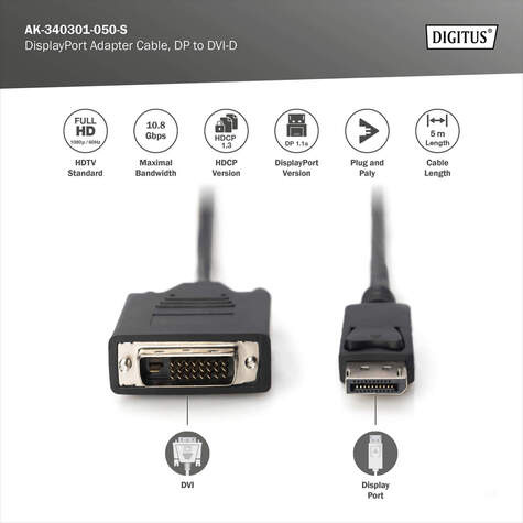 DIGITUS DisplayPort adapter cable, DP - DVI (24+1) M/M, 5.0m, w/interlock, DP 1.1a compatible, CE, bl