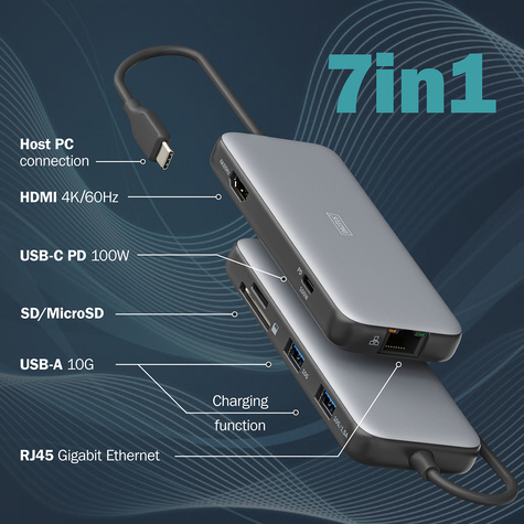 DIGITUS USB-C dockingstation, 7-poorts, 1x HDMI 3x USB 3.2 Gen 2, 1x RJ45, 1x SD,1x MicroSD, 1x PD