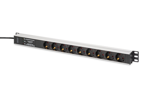 DIGITUS DIGITUS Aluminium PDU, geschikt voor rekmontage, frequentiefilter, 2m 16A, 3600W,230VAC 50/60Hz,7x veiligheid, 2x stopcontact