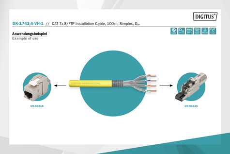 DIGITUS CAT 7A S-FTP installatiekabel, 1500 MHz Dca, AWG 22/1, 100 m ring, Sx, geel