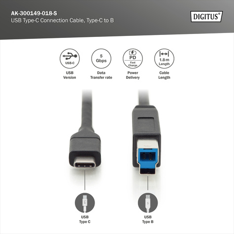 DIGITUS USB Type-C aansluitkabel, type C naar B St/St, 1,8m, 3A, 5GB, 3.0 versie, bw