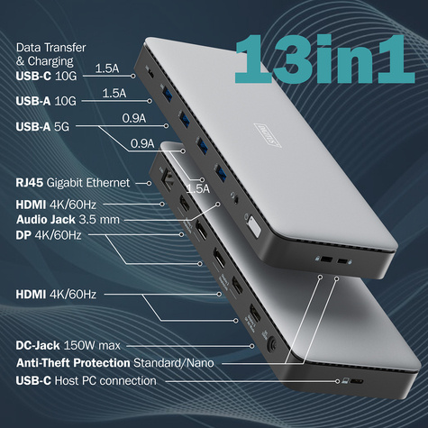 DIGITUS USB-C dockingstation, 13-poorts, 3x HDMI, 2x DP 4x USB-A, 1x USB-C, 1x RJ45, 1x DC, 1x audio