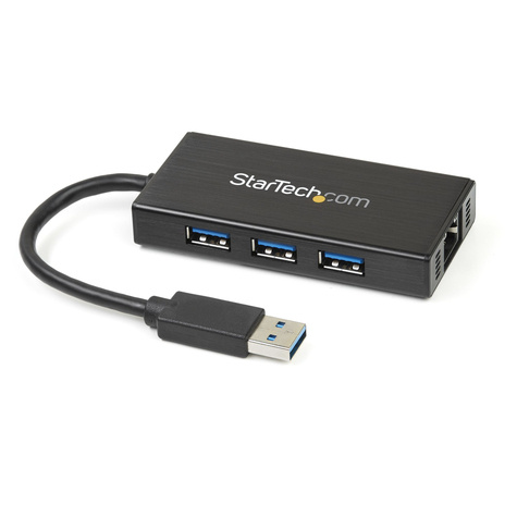 STARTECH STARTECH 3-poorts draagbare USB 3.0-hub plus Gigabit Ethernet - aluminium met geintegreerde kabel - Hub - 3 x SuperSpeed