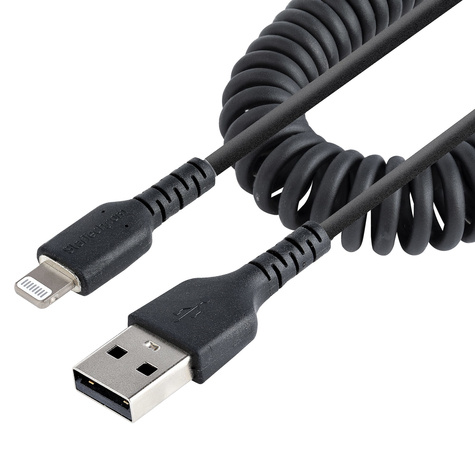 STARTECH 50cm USB A naar Lightning Kabel, Zwart, MFi Gecertificeerd, iPhone Lader Spiraalkabel, Duurzame Aramidevezels