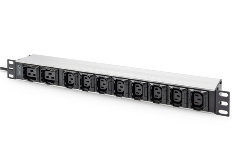DIGITUS 1U aluminium PDU, Rack Mount, 8 x C13, 2 x C19 16A, 230VAC, 50/60Hz, IEC C20 plug - 3600 VA
