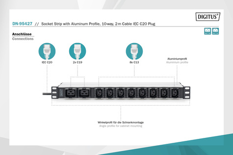 DIGITUS 1U aluminium PDU, Rack Mount, 8 x C13, 2 x C19 16A, 230VAC, 50/60Hz, IEC C20 plug - 3600 VA
