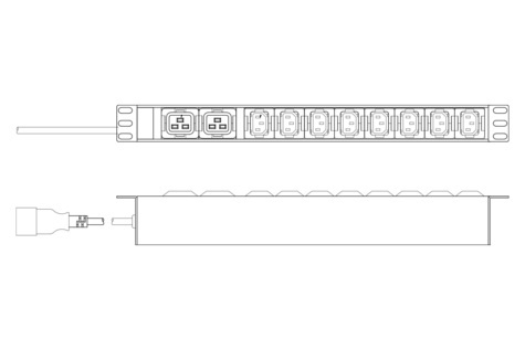 DIGITUS 1U aluminium PDU, Rack Mount, 8 x C13, 2 x C19 16A, 230VAC, 50/60Hz, IEC C20 plug - 3600 VA