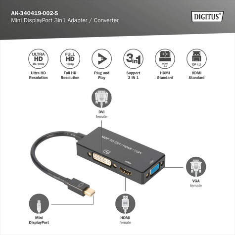 DIGITUS Mini DisplayPort 3in1 Adapter/Converter - 20 cm