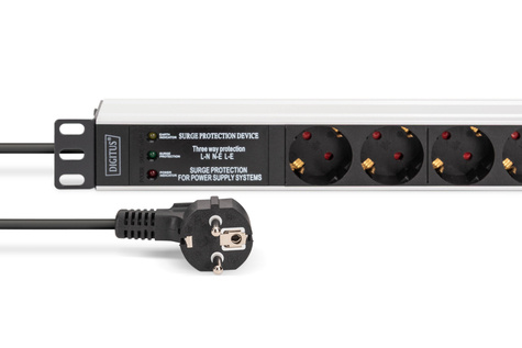 DIGITUS 1U aluminium PDU, rack-mount, 6x veiligheidsuitgang, 1x uitgang 16A,230VAC,50/60Hz,Overspanningsbeveiliging,Netfilter