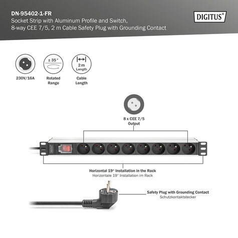 DIGITUS 1U aluminium PDU, rackmontage, 8x CEE 7/5 nominaal vermogen: 16A, 4000W, 250VAC 50/60Hz,