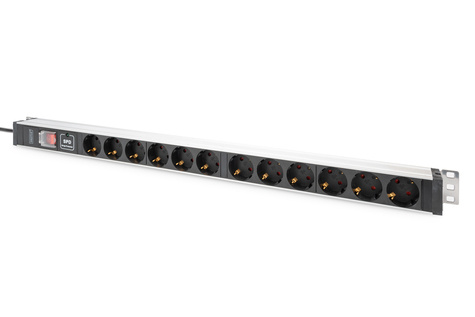 DIGITUS 1U aluminium PDU, kastmontage, 12x aardingscontact 16A, 230VAC, 50/60Hz, overspanningsbeveiliging, schakelaar