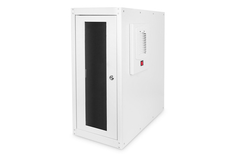 DIGITUS Computer case with levelling feet, 670x300x650 mm inner dim. 581x292x550mm, glass door, fan, RAL7035