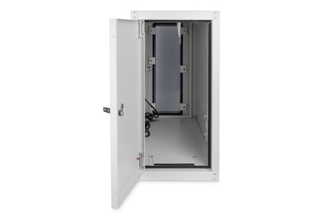 DIGITUS Computer case with levelling feet, 670x300x650 mm inner dim. 581x292x550mm, glass door, fan, RAL7035