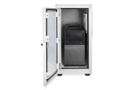 DIGITUS Computer case with levelling feet, 670x300x650 mm inner dim. 581x292x550mm, glass door, fan, RAL7035