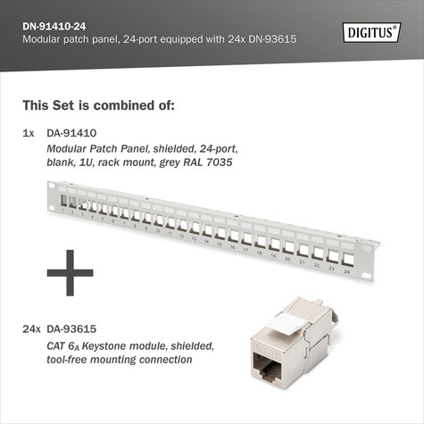 DIGITUS DIGITUS Modulair patchpaneel, afgeschermd met 24x DN-93615 24-poorts, 1U, rekgemonteerd, grijs RAL 7035