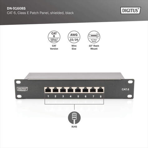 DIGITUS CAT 6, klasse E Patch Paneel, afgeschermd, 8-poorts RJ45 8P8C, LSA, 1HE, 254 mm(10")rack mount, zwart
