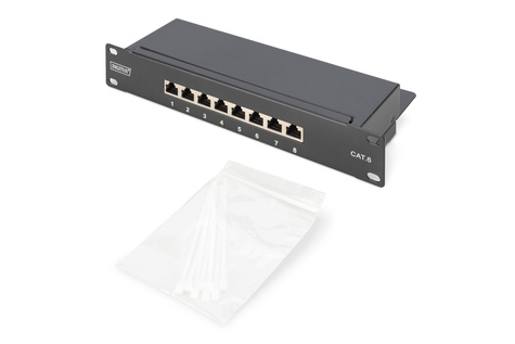 DIGITUS CAT 6, klasse E Patch Paneel, afgeschermd, 8-poorts RJ45 8P8C, LSA, 1HE, 254 mm(10")rack mount, zwart